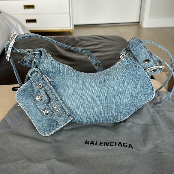 BALENCIAGA 
WOMEN'S LE CAGOLE XS SHOULDER BAG DENIM IN BLUE WITH CRYSTALS - Picture 4 of 14